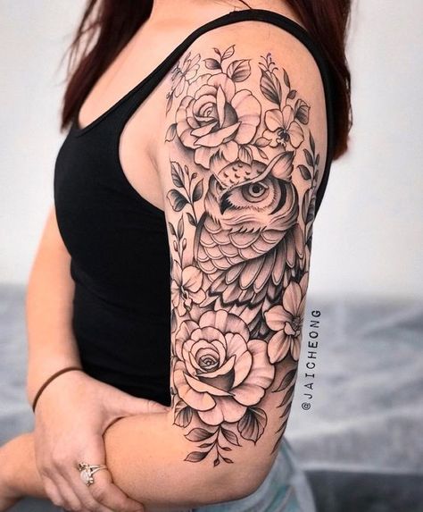 Owl Thigh Tattoos, Owl Tattoo Sleeve, Shoulder Sleeve Tattoos, Tattoos For Women Half Sleeve, Owl Tattoo Design, Theme Tattoo, Upper Arm Tattoos, Floral Tattoo Sleeve, Forearm Tattoo Women