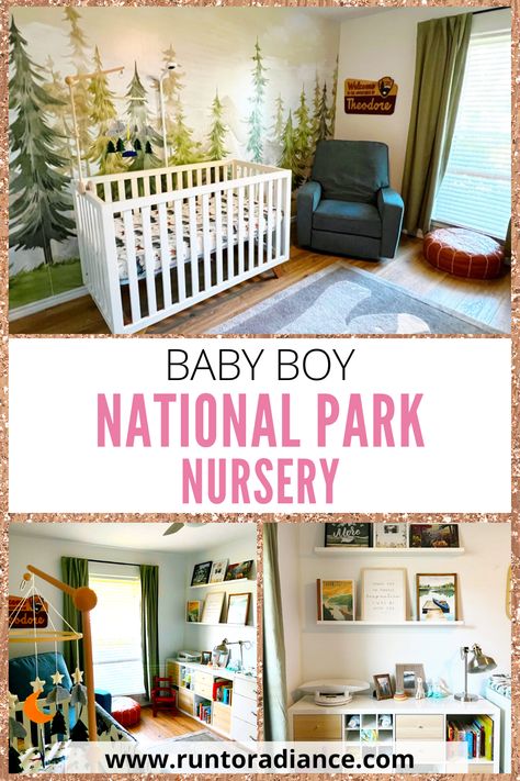 Baby Boy Nursery Tour: National Parks Theme Nursery Gender Neutral National Park Nursery, National Parks Nursery Theme, National Parks Nursery, National Park Themed Nursery, National Park Nursery, Tree Wallpaper Mural, Nursery Tour, Nursery Nature, Woodland Mobile