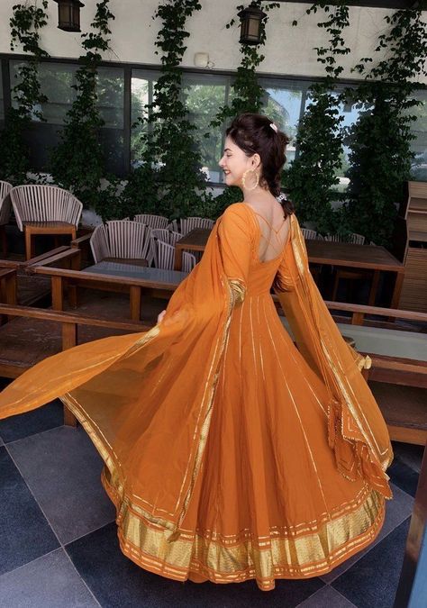 Orange Anarkali Dress, Drees Desgin, Haldi Outfit, Orange Suit, Anarkali Kurti, Gota Work, Dress Drape, Indian Gowns Dresses, Long Frocks