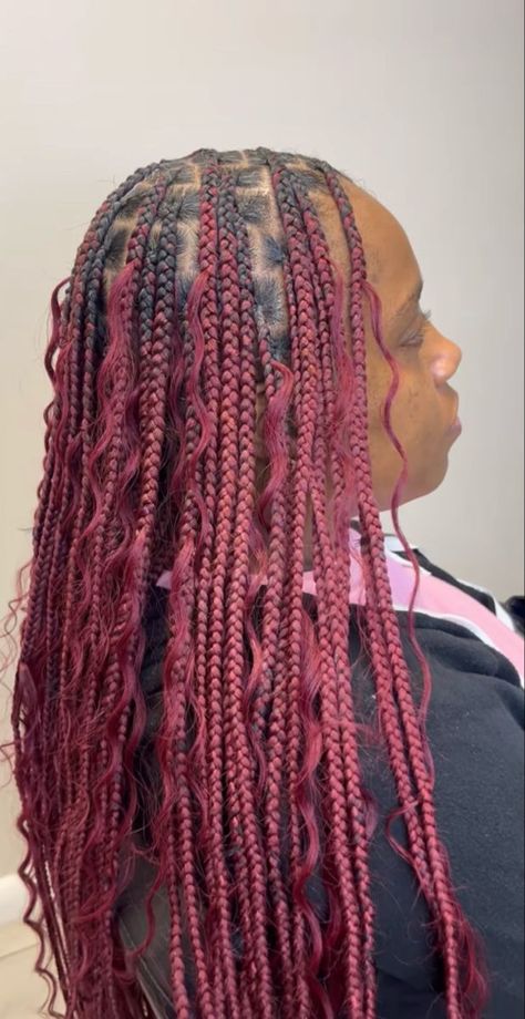 Eye-Catching Cherry Red Hair Ideas for Every Mood Light Skin With Burgundy Hair, Pink And Red Peekaboo Braids, Boho Knotless Braids Burgundy, Burgundy Knotless Braids With Curly Ends, Knotless Red Box Braids, Burgandy Braids For Black Women, Wine Braids Hairstyles, Burgundy Boho Knotless, Maroon Braids For Black Women