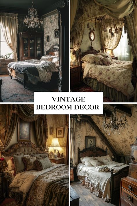 "Step back in time with charming vintage bedroom decor! 🕰️🌸 Discover elegant antiques, retro patterns, and classic furnishings to create a timeless, cozy space. 🛋️💖 #VintageDecor #ClassicCharm #HomeStyle" Vintage Witchy Bedroom, Vintage Bedroom Decor Ideas, Character Bedroom, Dark Academia Bedroom, Witchy Bedroom, Vintage Home Interior, Academia Bedroom, Vintage Bedroom Decor, Dollhouse Halloween