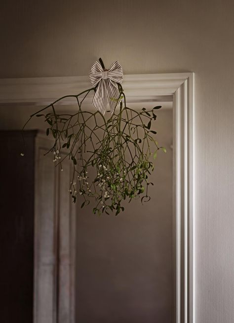 A bunch of mistletoe hanging above a doorway and decorated with a striped bow. Scandinavian Christmas Interior, Elegant Simple Christmas Decor, Simple Xmas Decor, Balcony Christmas Decor, Christmas Decorations Elegant, Scandinavian Christmas Decor Ideas, Minimalism Christmas, Budget Christmas Decor, Minimal Christmas Decor