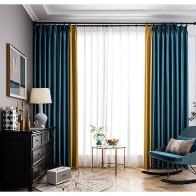 This new release showcases a double-sided linen design with thick fabric for full blackout coverage. | Hokku Designs Marsilio Cotton Blend Room Darkening Curtain Panel blue/Green/Yellow 86.61 x 59.05 in | Home Decor | C111015208_427586811 | Wayfair Canada