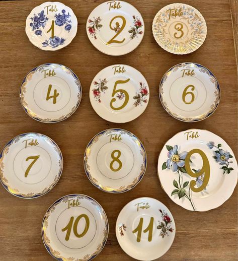 Wedding table numbers - vintage plates with gold accents Wedding Table Numbers Vintage, Vintage Table Numbers, Painted Plates, Vintage Plates, Wedding Table Numbers, Vintage Table, Table Numbers, Gold Accents, Wedding Table