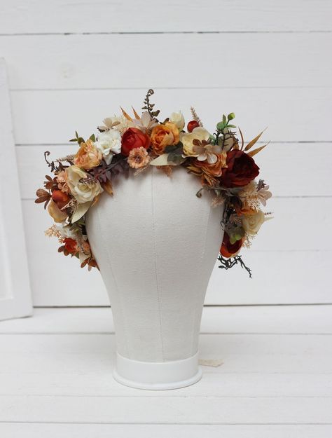 Orange Ivory Rust Terracotta Flower Crown Wedding Headpiece Bridal Hairpiece Bridesmaid Crown Maternity Crown - Etsy Autumnal Flower Crown, Fall Bridal Flower Crown, Terracotta Flower Crown, Autumn Wedding Hair Flowers, Autumn Wedding Flower Crown, Autumnal Flowers Wedding, Rustic Fall Wedding Dress, Small Autumn Wedding, Boho Flower Crown Wedding