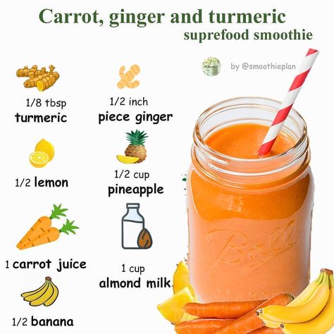 1 Smoothie Weight Loss on Instagram: “An anti-inflammatory, immune-boosting smoothie with carrot juice, ginger, turmeric, pineapple, and banana! Perfect for breakfast or a…” Inflammation Smoothie, Immunity Smoothie, Bulletproof Recipes, Sweet Board, Immune Boosting Smoothie, Carrot Smoothie, Resep Smoothie, Turmeric Smoothie, Courge Spaghetti