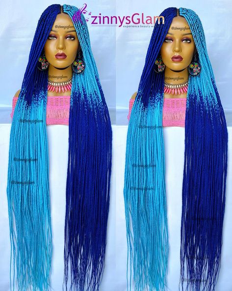 This wig gives people an illusion that you just stepped right out of the Braider's Shop, Dress it up for occasions or casually for every day use. It is a perfect protective style for all hair types. Please indicate your preferred length and color on the note to seller when you order. It will be made according to your preference. Best quality is Guaranteed. Thank you for your patronage. ------------------------ PRODUCT DETAILS ◾️Braid Size: Small ◾️Density: Medium ◾️Baby Hair: Yes ◾️Colour: Blue Braid Lace Front Wigs, Ombré Box Braids, Medium Knotless Box Braids, Knotless Box Braids Wig, Box Braided Wigs, Braided Wigs For Black Women, Ombre Box Braids, Affordable Human Hair Wigs, Box Braids Wig