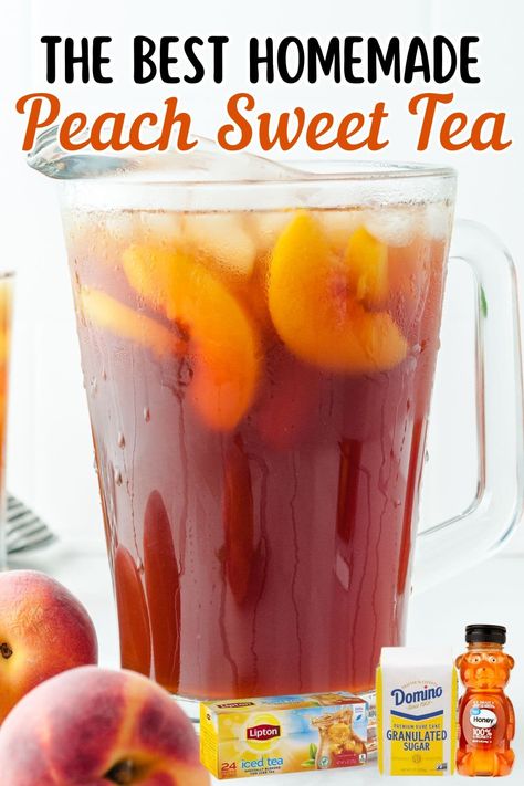 Our Sweet Peach Iced Tea is summer in a glass. Fresh peaches meet homemade iced tea for a refreshing, naturally caffeinated delight. We guarantee you will love this Southern summer staple and it is a foolproof recipe! Flavored Tea Recipes, Peach Sweet Tea, Flavored Iced Tea Recipes, Peach Tea Recipe, Iced Tea Recipes Homemade, Homemade Iced Tea, Peach Iced Tea, Sweet Tea Recipes, Tea Drink Recipes