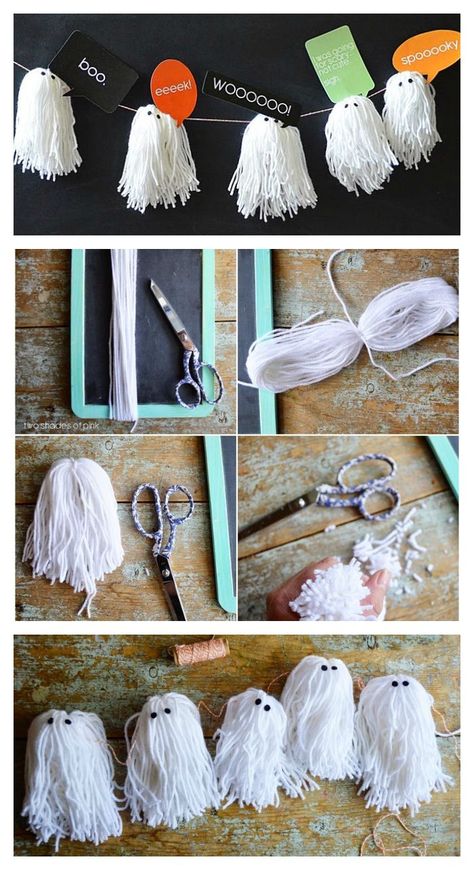 DIY Yarn Ghost Garland | Cute Halloween Decorations Yarn Ghost Garland, Yarn Ghost, Porta Halloween, Ghost Garland, Dekorasi Halloween, Halloween Decor Diy, Cute Halloween Decorations, Casa Halloween, Diy Halloween Decor