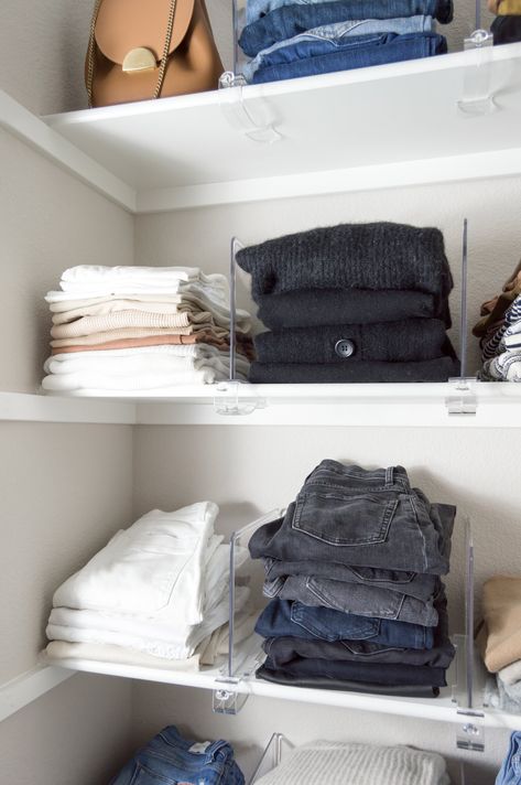 Closet Organization With Shelves, Closet With Shelves Organization, Acrylic Closet Organization, Add Closet Organization, Closet Shelving Organization, Organize Closet Shelves, Organizing Techniques, Closet Shelf Storage, Jeans Storage Ideas