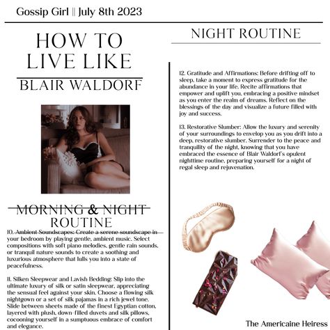 Blair Waldorf Night Routine, Blair Waldorf Essentials, How To Live Like Blair Waldorf, Blair Waldorf Tips, Blair Waldorf Routine, Blair Waldorf Morning Routine, Blair Waldorf Gossip Girl, Hot Girl Summer, Get My Life Together