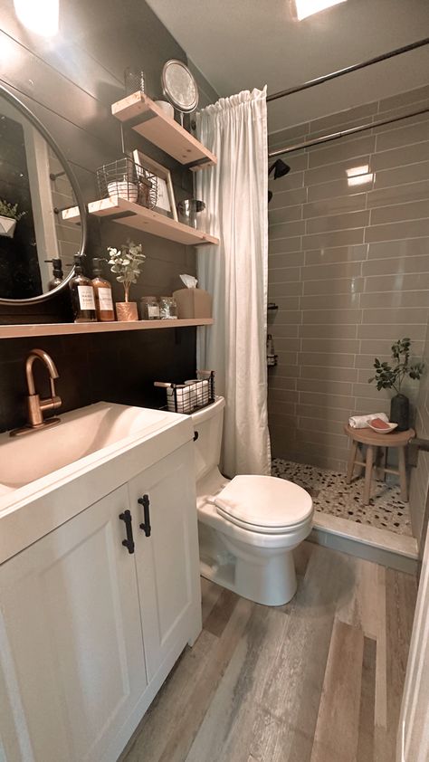 Small Space Remodel, Trailer House Bathroom, Bathroom Shower Remodel On A Budget, Bathroom Shower No Door, Small Bathroom Tub To Shower Conversion, Farmhouse Basement Bathroom, Small Space Bathroom Ideas, Basement Shower Remodel, Small 3/4 Bathroom