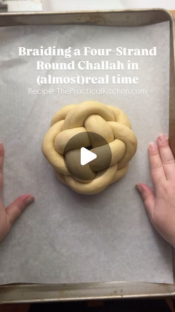 Rebecca Eisenberg on Instagram: "In case you were wondering, yes, my challah bread recipe works *beautifully* as a four-strand round braided loaf. Here’s a quick video showing how I shaped it. A key step I think a lot of beginners miss when doing a round braid is pinching together and tucking the ends of the ropes under the loaf at the end — this gives the loaf a beautiful height and makes it look a lot neater too. 

🔗: Find my challah bread recipe at the link in my bio (@the.practical.kitchen) or on ThePracticalKitchen.com!⁠

https://thepracticalkitchen.com/homemade-braided-challah-bread-recipe/" 4 Strand Challah Braid, How To Braid Bread Dough, Challah Braid, Challah Braiding, The Practical Kitchen, Challah Bread Recipe, Round Challah, Challah Bread Recipes, Round Braid