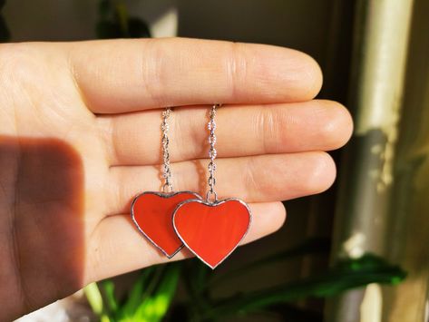 Stained Glass Heart, Stained Glass Earrings, Soldered Jewelry, Terrarium Jewelry, Festival Earrings, Earrings Chain, Love Earrings, Soldering Jewelry, Red Stain