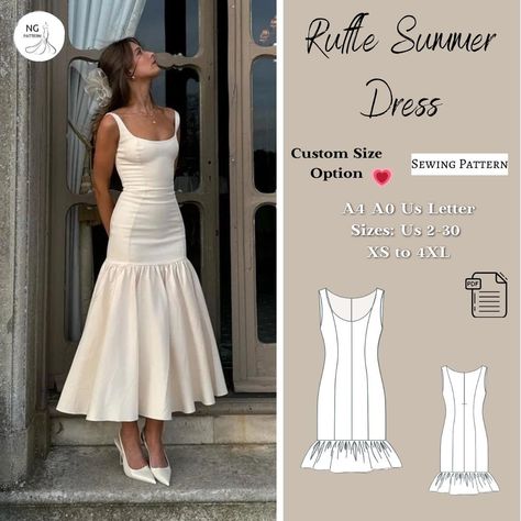 Ruffle Summer Dress sewing pattern in PDF format, offering various size options. Size options include US Sizes from 2 to 30 and Standard Sizes from XS to 4XL, suitable for A4, A0, and US Letter size papers. Upon payment processing, receive automatic download links for the pattern files. Note that this is a digital product, not a finished item; you will receive zip files comprising both patterns and sewing instructions. Don't hesitate to contact me with any questions or concerns! Happy Sewing! :) Easy Fit And Flare Dress Pattern, Low Waist Dress Pattern, Structured Dress Pattern, Evening Dress Patterns Sewing, Prom Dresses Sewing Patterns, Summer Outfits Sewing Patterns, Dress Sew Pattern, Sewing Pattern Wedding Dress, 1960s Dress Patterns