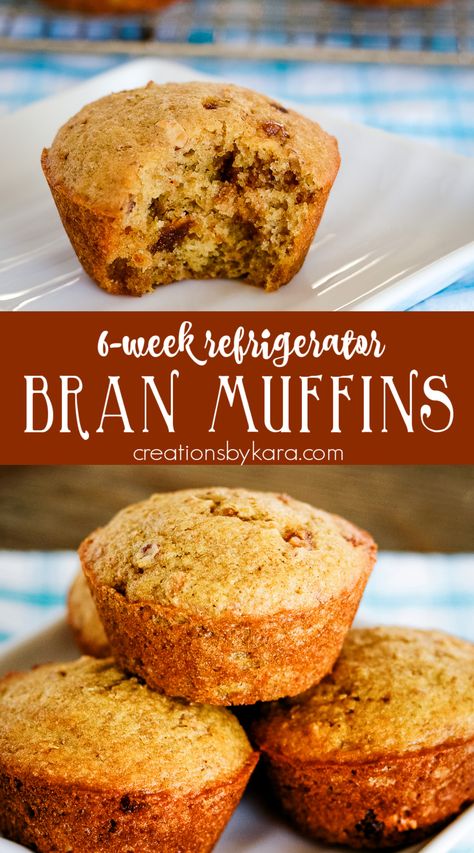 Tried and tested for decades, this is the best 6-week BRAN MUFFIN RECIPE! You store the batter in the fridge, so you can have sweet, delicious, moist bran muffins any time! #branmuffins #refrigeratorbranmuffins #6weekbranmuffin @Creations by Kara 6 Week Bran Muffins Refrigerators, 6 Week Bran Muffins, 6 Week Muffin Recipe, Six Week Bran Muffins, 6 Week Bran Muffin Recipe, Honey Bran Muffin Recipe, Refrigerator Bran Muffin Recipe, Moist Bran Muffins, Bran Cereal Muffins