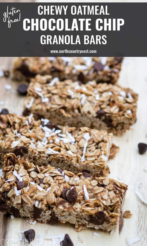 Check out these easy-to-make gluten free chewy oatmeal chocolate chip granola bars from North Country Nest. They're delicious, can be made vegan with a few substitutions and a great way to satisfy those hunger cravings the healthy way! #northcountrynest #recipe #glutenfreerecipe #glutenfreesnack #granolabars #glutenfreegranolabars Granola Squares, Bake Granola Bars, Simple Oatmeal, No Bake Granola, Oatmeal Cereal, Chocolate Chip Granola, Chocolate Chip Granola Bars, Energy Bars Recipe, No Bake Granola Bars