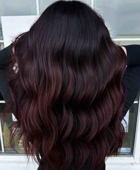 Rich Chocolate Brown Hair Color With Highlights, Burgundy On Brown Hair, Brunette Hair With Maroon Highlights, Black Mahogany Hair Color, Dark Burgundy Ombre Hair, Black Hair Mahogany Highlights, Dark Hair With Chestnut Highlights, Dark Hair Cherry Highlights, Red Hair Color On Black Hair