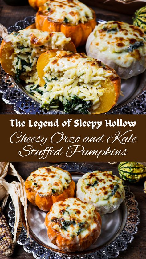 Halloween Dinner Party Food, Cheesy Orzo, Stuffed Pumpkins, Sautéed Kale, The Legend Of Sleepy Hollow, Legend Of Sleepy Hollow, Vegetarian Dish, Fall Cooking, Dinner Party Recipes