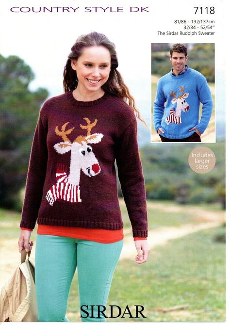 SIRDAR DK comical RUDOLPH intarsia sweater KNITTING PATTERN Intarsia Knitting, Intarsia Sweater, Sweater Knitting Pattern, Christmas Knitting Patterns, Sweater Jumper, Sweater Knitting Patterns, Christmas Knitting, Jumper Sweater, Knitting Pattern