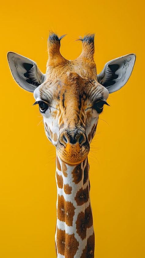 Closeup of a giraffes head showing hair, eye, and neck on a yellow background royalty free stock images Giraffe Side View, Giraffe Color Palette, Giraffe Eyes, Giraffe Photography, Giraffe Portrait, Giraffe Face, Giraffe Colors, Wild Savannah, Giraffe Photos