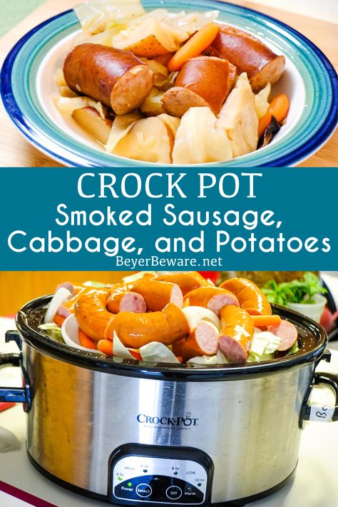 Crock Pot smoked sausage, cabbage, and potatoes is an easy dinner idea using garden fresh vegetables like cabbage, potatoes, onions, and carrots that have been slow cooked in the juices from the smoked sausage. #CrockPot #SmokedSausage #Cabbage #EasyDinners #DinnerIdeas Smoked Sausage Cabbage And Potatoes, Sausage Cabbage And Potatoes, Crock Pot Smoked Sausage, Smoked Sausage Cabbage, Cabbage Sausage Potato, Zucchini Cornbread Casserole, Cabbage And Smoked Sausage, Sausage Crockpot Recipes, Zucchini Cornbread