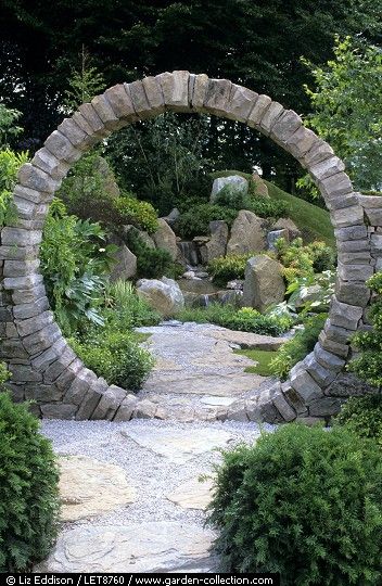 Entrance to garden with a stone garden moon | http://www.garden-collection.com/search_results.asp?keywords=moon%20gate Ngwe Saung, English Garden Design, Moon Gate, Easy Gardening, Rumah Minecraft, English Gardens, Easy Landscaping, Stone Arch, Moon Garden