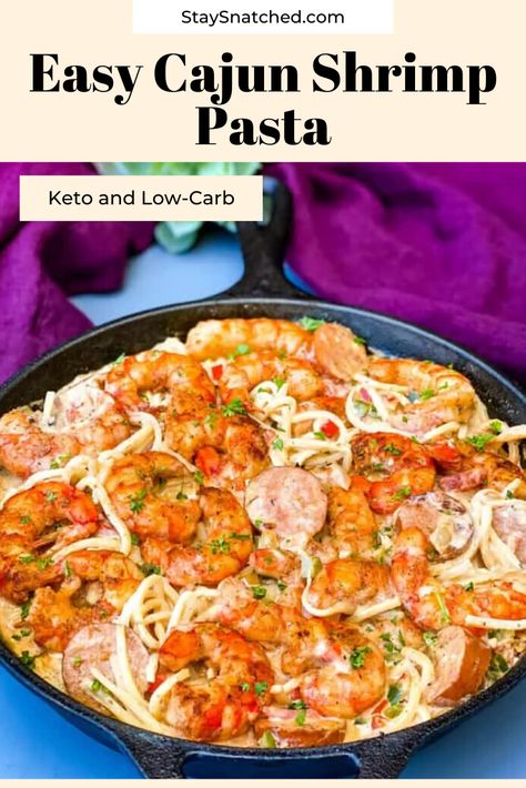 This Easy Creamy Cajun Shrimp Pasta recipe is made with andouille sausage, red and green peppers, and covered in a decadent heavy whipping cream sauce, a little similar to Alfredo. If you enjoy spicy, this seafood dish definitely has the kick! #Keto #KetoPasta Shrimp And Sausage Recipes Keto, Keto Cajun Recipes, Easy Creamy Cajun Shrimp Pasta With Sausage, Spicy Cajun Pasta With Andouille Sausage And Shrimp, Creamy Cajun Chicken And Sausage Alfredo Pasta, Keto Cajun Shrimp And Sausage, Cajun Shrimp And Sausage Pasta Alfredo, Low Carb Cajun, Keto Shrimp Recipes