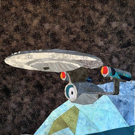 Boldy go…. Starship Enterprise foundation pieced quilts center. Pattern by QuiltArtDesign Measures 20 x 20” Star Trek Quilt, Star Trek Day, Happy Star, Pieced Quilts, Starship Enterprise, Star Trek Enterprise, Foundation Piecing, Quilt Piecing, Star Trek