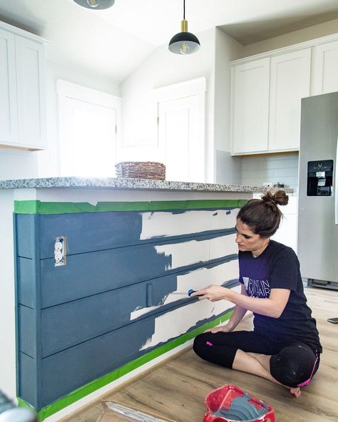 DIY Shiplap Kitchen Island {How to Add Shiplap!} - Love  Renovations Kitchen Island Shiplap, Shiplap Kitchen Island, Island Shiplap, Shiplap Bar, Painted Kitchen Island, Green Kitchen Island, Kitchen Island Makeover, Shiplap Kitchen, Diy Shiplap