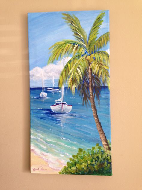 Caribbean Landscape Painting, Glass Painting Acrylic Paint, Beach Paintings On Canvas Acrylics, Garden Canvas Painting, Acrylic Glass Painting Ideas, Caribbean Paintings, Beach Paintings On Canvas, Canvas Painting Beach, Beach Canvas Painting