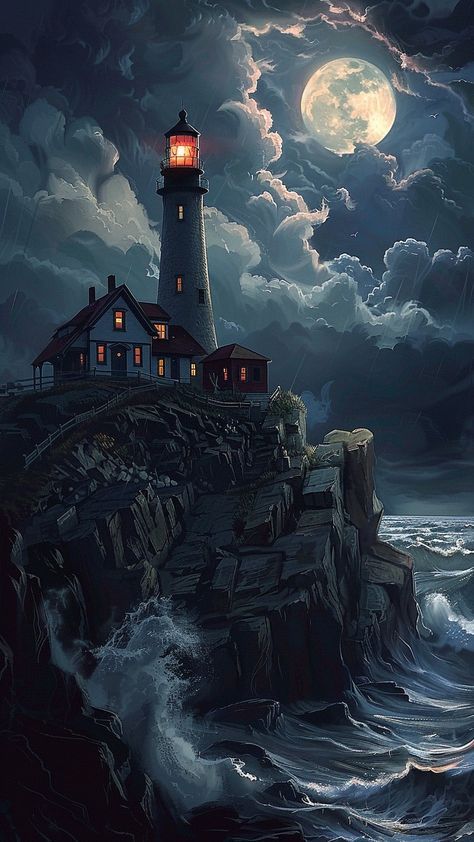 Lighthouse At Night Painting, Pirate Superstitions, Spooky Lighthouse, Lighthouse Background, Lighthouse Aesthetic, Lighthouse Wallpaper, Lighthouse Night, Dreamy Night Sky, Gothic Setting