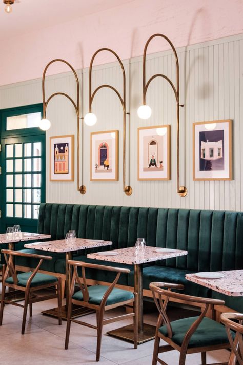 Gatsby Bar, Mimosas Brunch, Bungalow Interiors, Interior Restaurant, Pink Terrazzo, Upholstered Banquette, Dark Green Walls, Nightclub Design, Decoration Restaurant