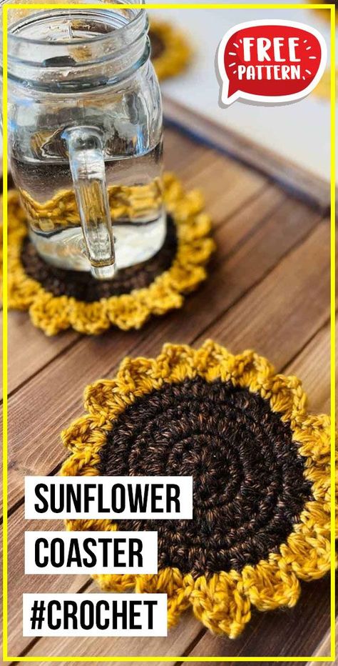 Crochet Cup Coaster, Sunflower Coaster, Sunflower Coasters, Quick Crochet Projects, Crochet Flowers Easy, Crochet Coaster Pattern, Yarn Bee, Crochet Sunflower, Crochet Simple