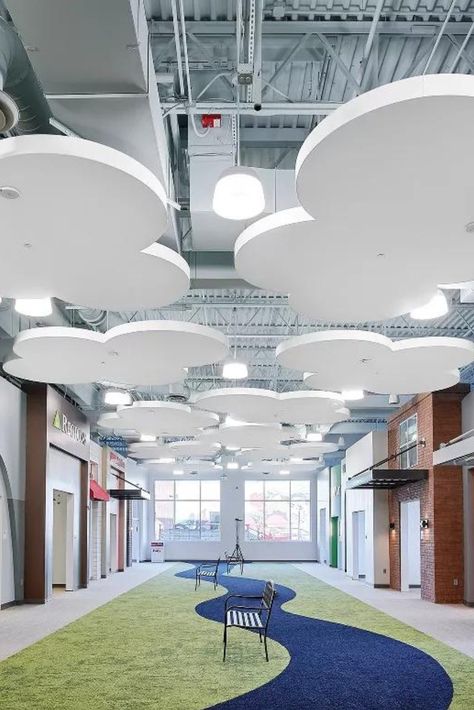 Under a quiet sky. AcoustiBuilt clouds and FeltWorks Blades - HookOn bring down the noise and add unexpected delight to the halls of Junior Achievement of Memphis. Acoustical Ceiling Clouds, Acoustic Ceiling Clouds, Ceiling Cloud Design, Acoustic Clouds, Ceiling Clouds, Cloud Office, Indoor Playground Design, Junior Achievement, Acoustical Ceiling