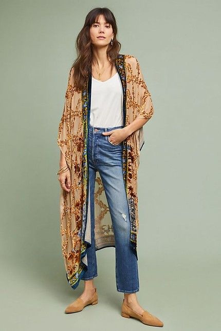 Dress Duster Outfit, Floral Duster Outfit, Duster Outfit, Long Shrug, Dress Over Pants, Silky Pants, Duster Kimono, Chic Over 50, Anthropologie Style