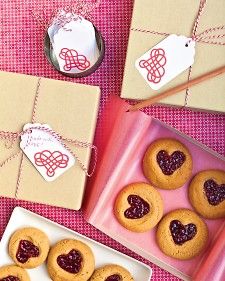 Enjoy the classic combination of peanut butter and jelly in a new way: The lunch-box pair gets made over into adorable cookies. Heart Cookies Recipe, Mothers Day Desserts, Jelly Cookies, Martha Stewart Recipes, Jam Cookies, Heart Shaped Cookies, Valentines Day Desserts, Valentine's Day Recipes, Valentines Day Treats