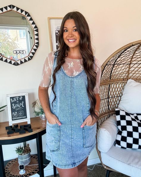 This denim dress is a dream🩵💭✨ Our new arrivals are flying out the door, don’t miss out on your favs!!🤩 SHOP NOW Jean Overall Dress Outfit, Overall Dress Outfit Summer, Denim Overall Dress Outfit, Overalls Dress Outfit, Styling Overalls, Teacher Fits, Denim Ruffle Dress, Nashville Outfit, Nashville Outfits