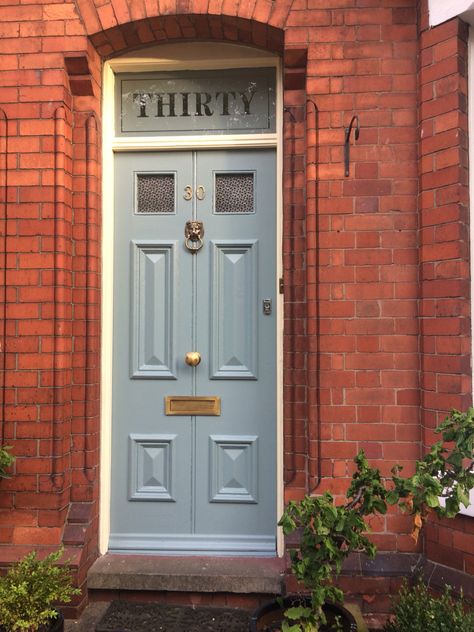 Victorian front door in Farrow and Ball Oval Room Blue with Slipper Satin frame Front Door Fan Light, Blue Front Door Colours Uk, Blue Victorian Front Door, Oval Room Blue Front Door, Pale Blue Front Door, Baby Blue Front Door, Oval Glass Front Door, Light Blue Front Door, Farrow And Ball Oval Room