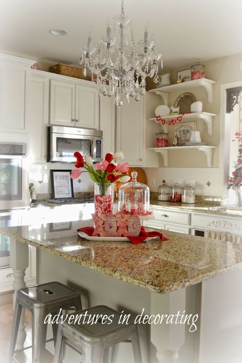 Adventures in Decorating: A Little More Valentine Decorating - aside from the theme décor, such a cute kitchen and home! Kitchen Island Centerpiece Ideas, Island Centerpiece Ideas, Kitchen Island Centerpiece, Vday Decor, Valentines Bricolage, Valentine Coffee, Valentine Table Decorations, Deco Champetre, Kitchen Island Decor