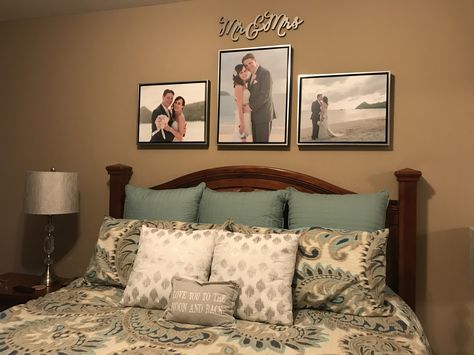 Canvas Pictures Above Bed, Photos Behind Bed, 3 Photos Above Bed, Wedding Picture Above Bed, Bedroom Wedding Photo Display, Wedding Pictures Above Bed, Wedding Photos Above Bed, Wedding Picture Frames On The Wall Master Bedrooms, Wedding Picture Frames Above Bed