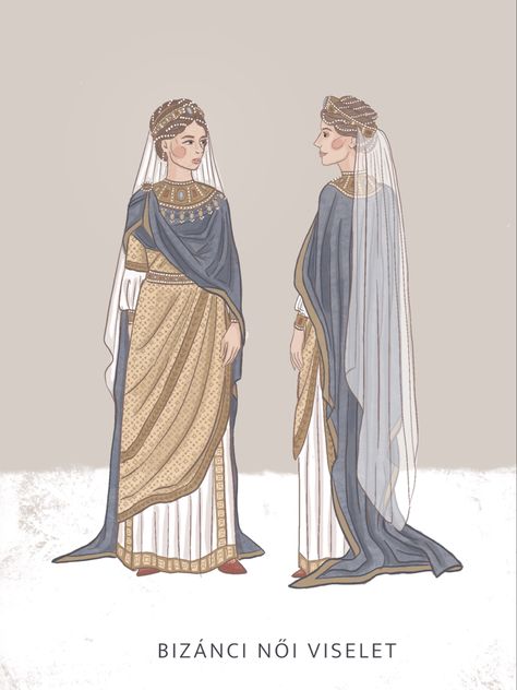 Ancient Roman Fashion Women, Byzantine Clothing Women, Byzantine Hairstyle, Romanesque Clothing, Byzantine Woman, Byzantine Dress, Roman Outfit, Traditional Greek Clothing, Byzantine Armor