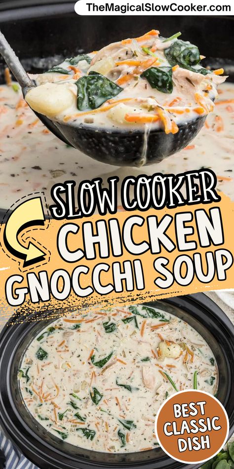 This chicken gnocchi soup recipe is a classic Olive Garden copycat packed with traditional herbal flavors and hearty chicken texture and easily made in the slow cooker. Skip the restaurant visit and make this meal at home because it will surely be one you and your family will love. - The Magical Slow Cooker Crockpot Potato Gnocchi Soup, Olive Garden Gnocchi Soup Crockpot, Olive Garden Chicken Gnocchi Soup Crockpot Reci, Crock Pot Gnocchi Soup, Soups Recipes Crock Pot, Olive Garden Soup Recipes, Chicken Gnocchi Soup Crockpot, Gnocchi Soup Recipes, Slow Cooker Soups And Stews