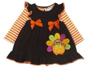 Corduroy jumper by Rare Editions features turkey applique, finished with contrasting orange piping and functional bows. Rare Editions Baby Girls Corduroy Jumper with Turkey Applique Kids Girls - Girls' Clothing - Dresses (new) #halloween #thanksgiving