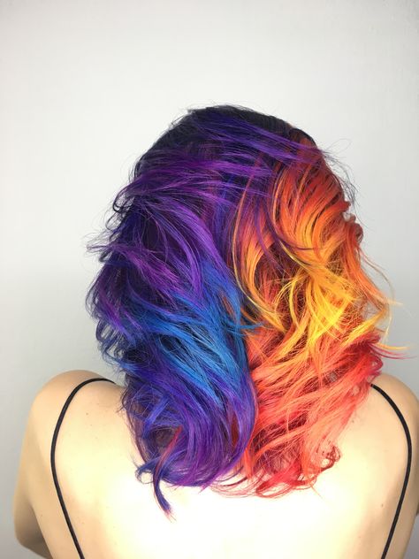 Fire And Ice Hair, Fire And Ice Hair Color, Flame Hair Color, Ice Hair Color, Ice Hair, Flame Hair, Ghibli Tattoo, Hair Magic, Woodsy Wedding