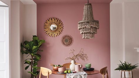 Dulux. Pressed petal, blossom white and nutmeg white Blush Curtains, Bohemian Chandelier, Two Tone Walls, Crown Paints, Retro Mirror, Hallway Flooring, Weekend Projects, Painted Ceiling, Pink Interior