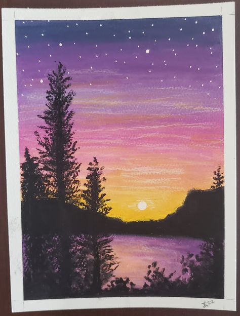 Oil pastels Oil Pastel Art Scenery, Pastel Scene, Scenery Drawing, Sunset Lake, Colored Pencil Artwork, Oil Pastel Art, Lake Sunset, Canvas Ideas, Oil Pastels