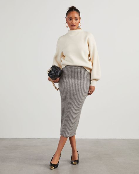 A seasonal fave, the Marciana Knit Midi Skirt is composed of thick, stretchy ribbed knit with an elastic waistband. It accentuates a body-hugging silhouette and hits just below the knee – perfect for showing off boots and heels. Elastic waistband Midi length Thick, stretchy ribbed knit No closures or lining 39% Polyester 18% Acrylic 12% Polyester 11% Wool 10% Rayon 5% Polyester 5% Nylon Midi Skirt Long Sleeve Top, Gray Knitted Skirt Outfit, Green Knit Skirt Outfit, Casual Maxi Skirt Outfits, Knit Midi Skirt Outfit Fall, Business Casual Skirt Outfit, Grey Sweater Skirt Outfit, Rib Skirt Outfit, Grey Wool Skirt Outfit