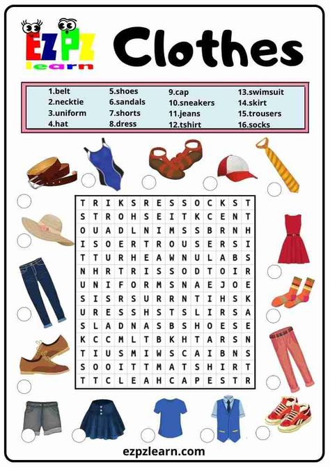 Writing Sentences Kindergarten, Clothes Worksheet, Clothes Game, Word Puzzles For Kids, Clothes Words, Word Games For Kids, Free Printable Word Searches, Materi Bahasa Inggris, English Teaching Materials