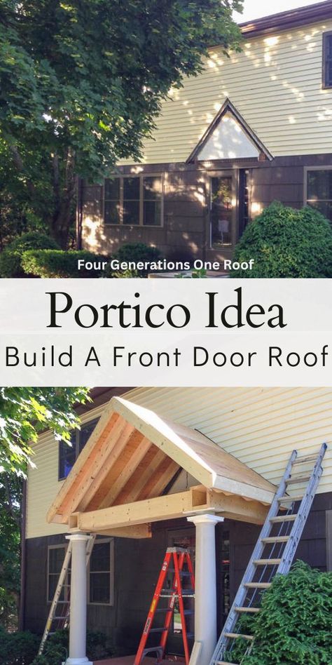 how to build a portico over a front door Moving A Front Door Entrance, Diy Front Porch Build, Front Door Alcove Entrance, Add A Covered Front Porch, No Front Door On House, Front Door Covered Entry Porch, Diy Door Awning Front Entry, Back Door Entrance Ideas, Simple Portico Entry